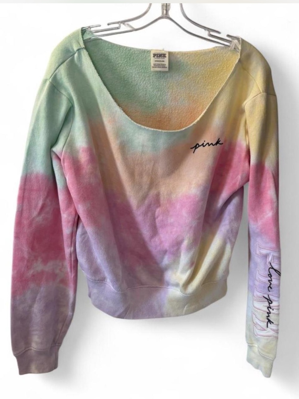 PINK Victoria's Secret Pastel Tie-Dye Off the Shoulder Cutoff Cropped Sweatshirt - Picture 2 of 5